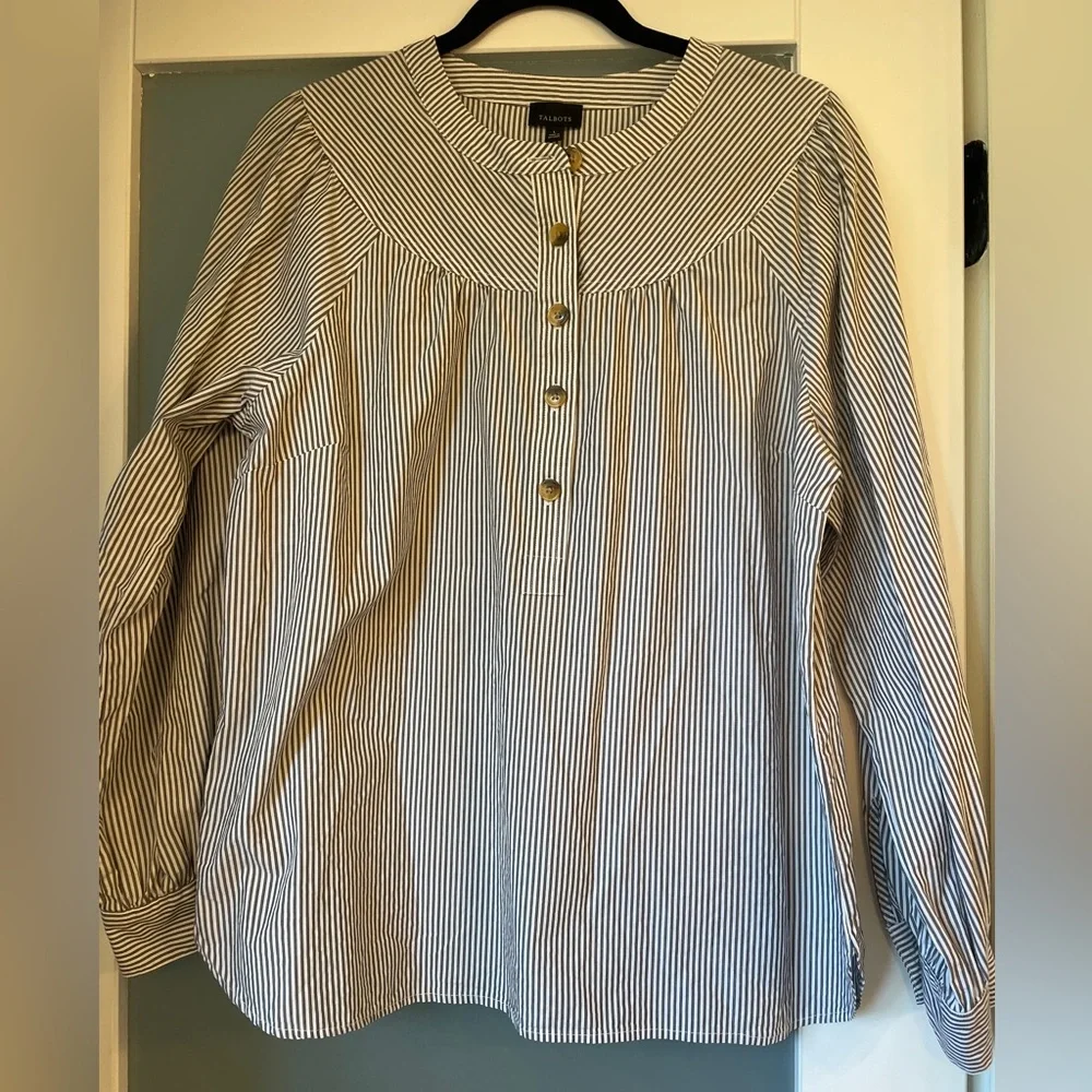 Talbots Gray & White Striped Popover Top